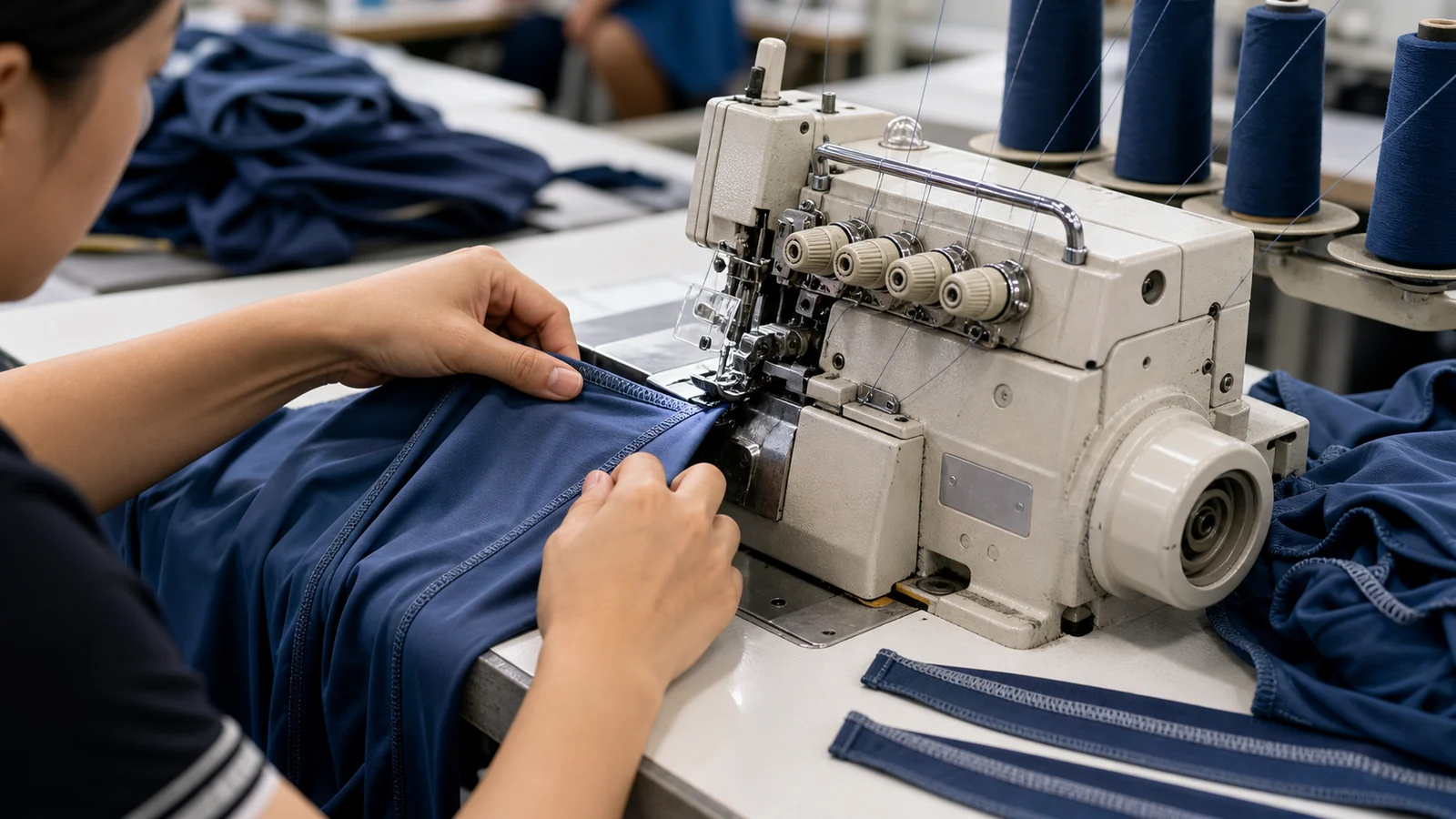 Overlock stitching production for activewear panels in a sewing workshop