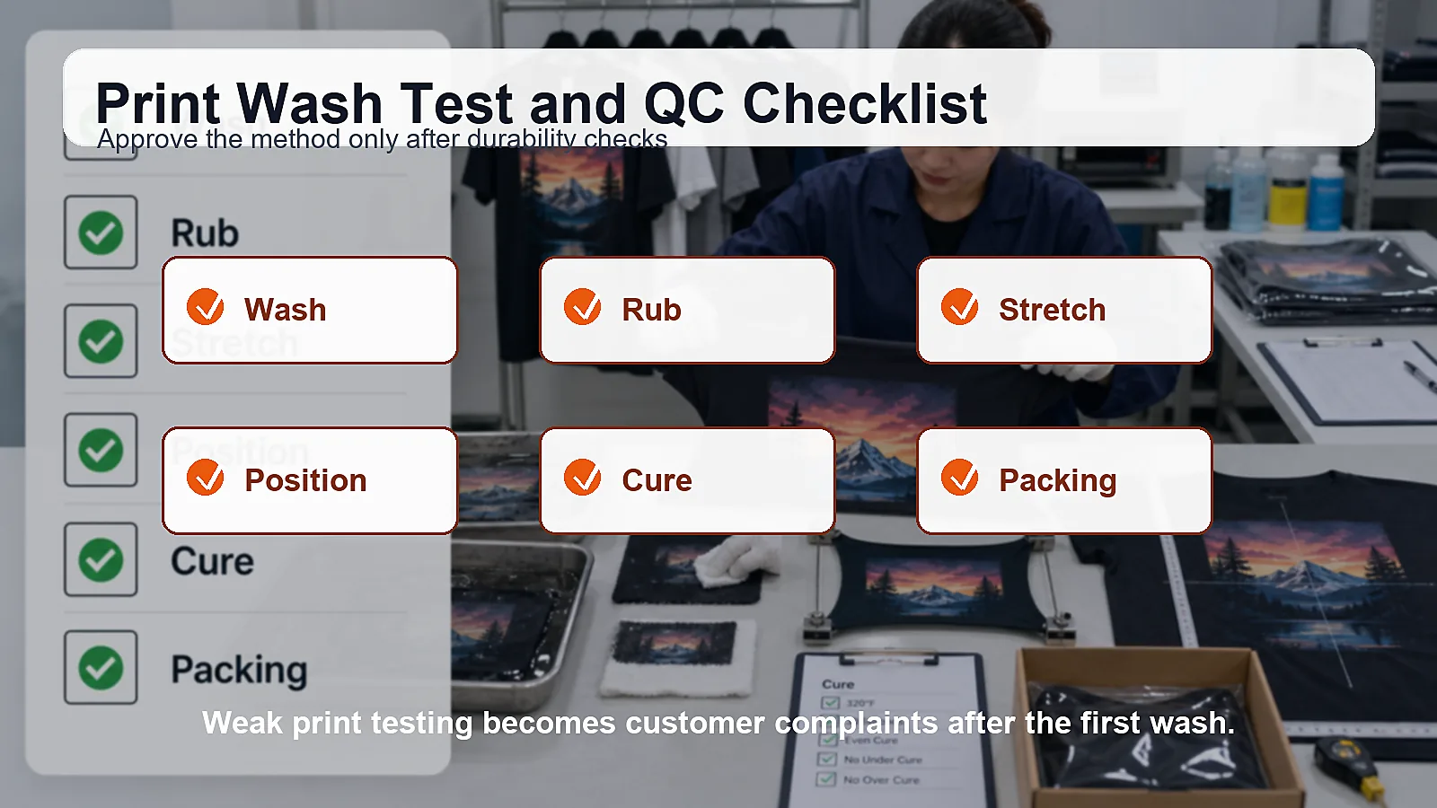 Print wash test and QC checklist for screen printing DTF and DTG clothing orders