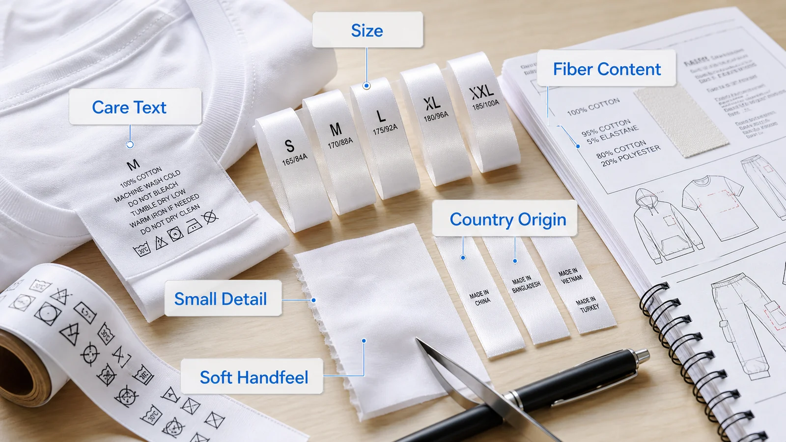 Printed clothing label layout for care size fiber content and country of origin information