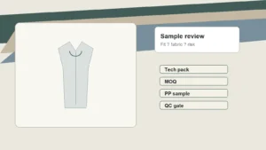 Editorial flat lay of a private label clothing sample with production notes