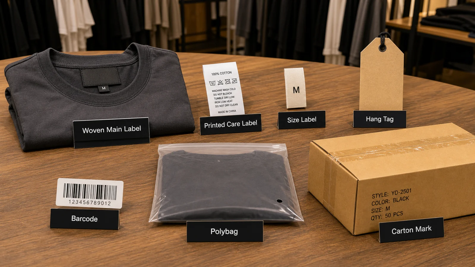 Private label garment label system with woven main label printed care label hang tag and packaging
