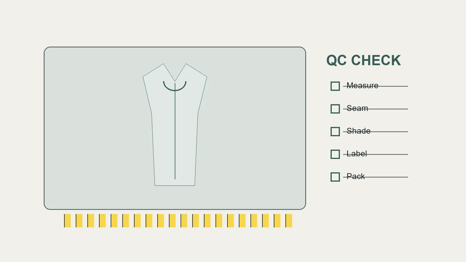 Garment quality control checklist scene with measurement tape and defect checks