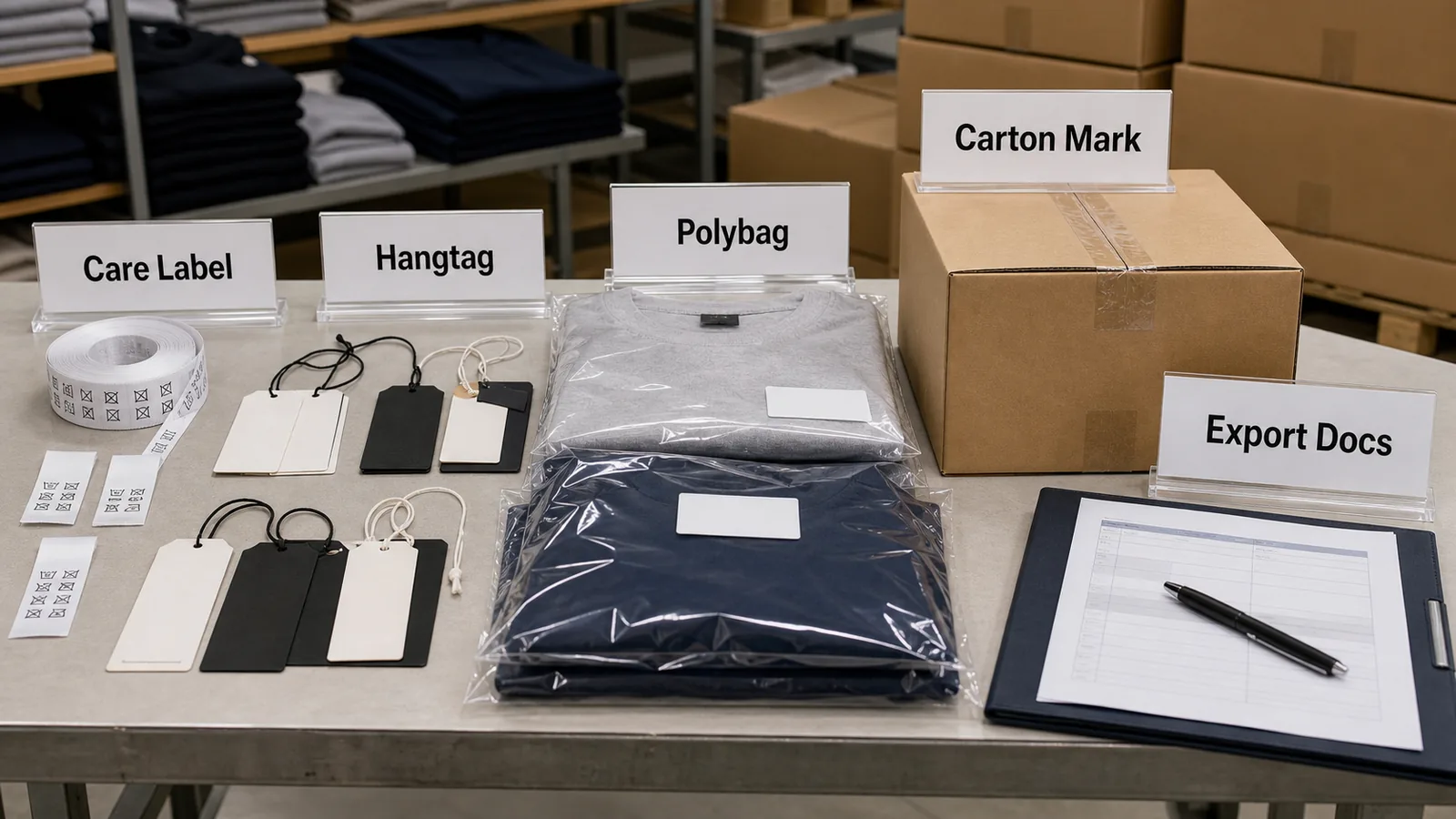 Private label clothing packaging and shipping plan with labels hangtags polybags cartons and export documents