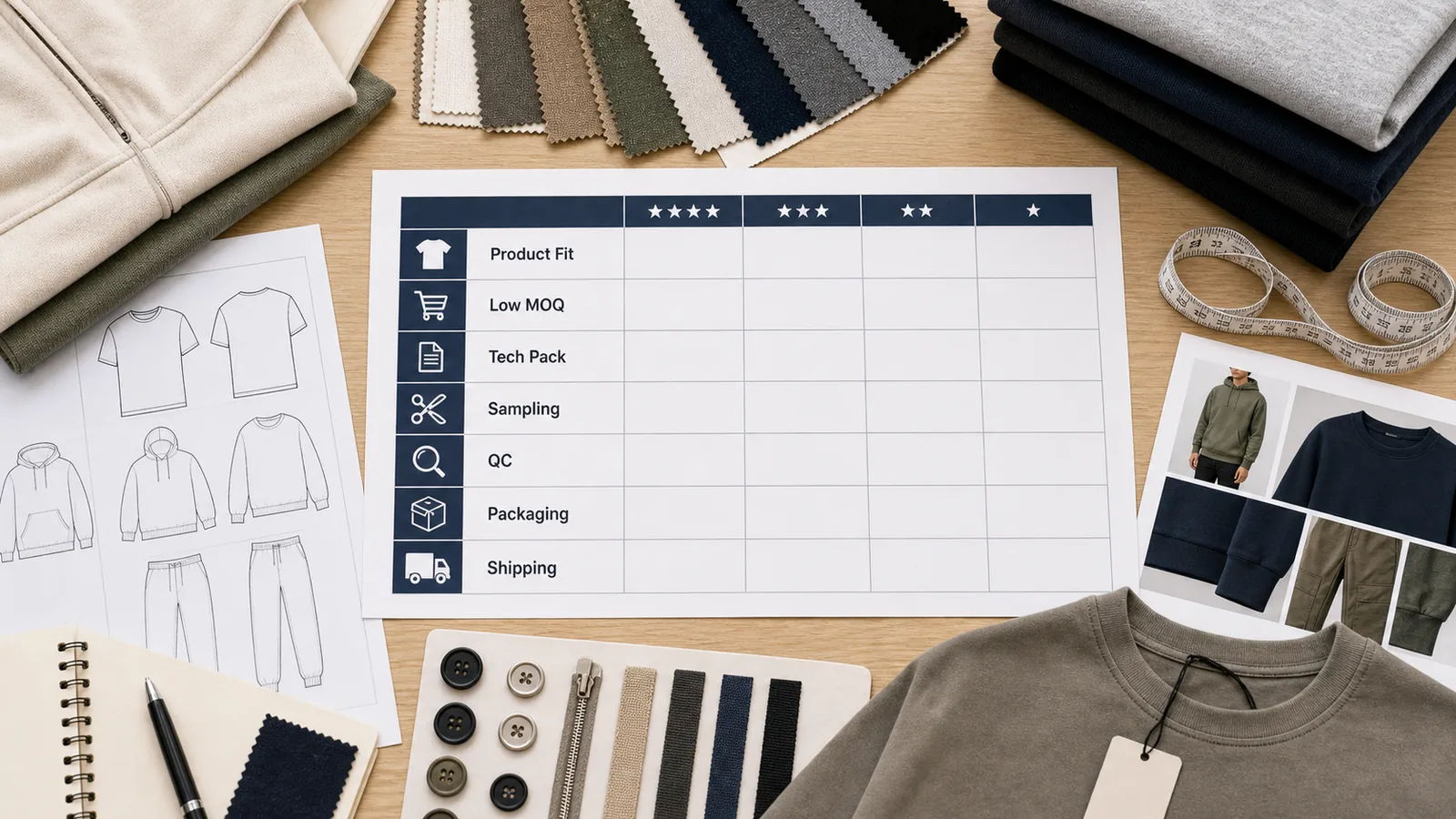 Startup clothing manufacturer scorecard for MOQ sampling tech pack QC and shipping fit
