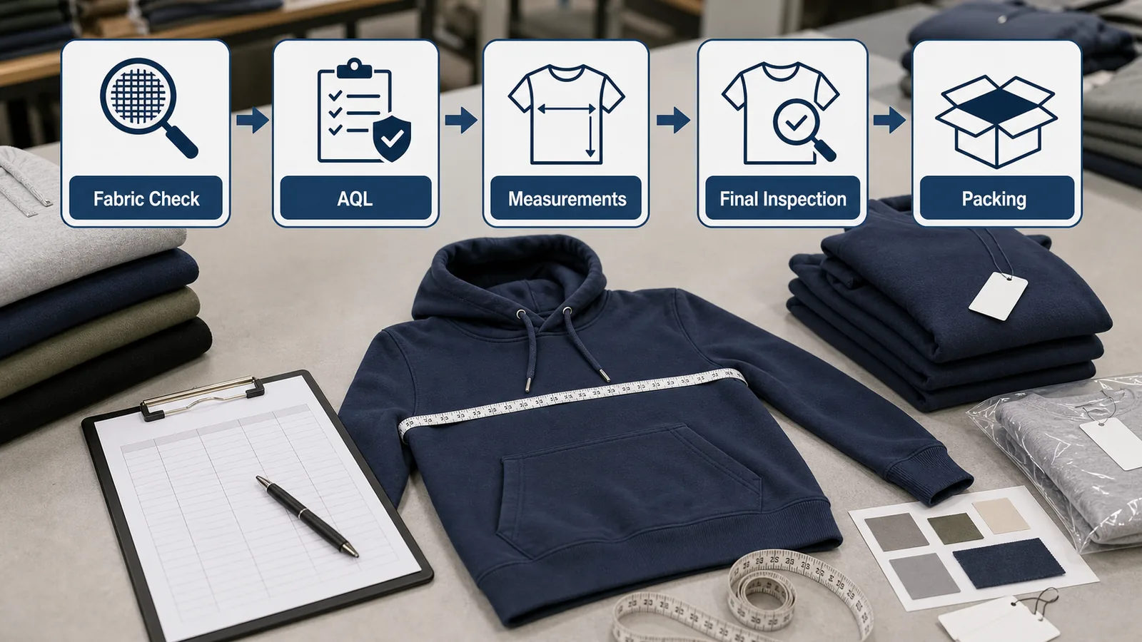 Startup clothing brand quality control flow with fabric inspection AQL measurements final inspection and packing