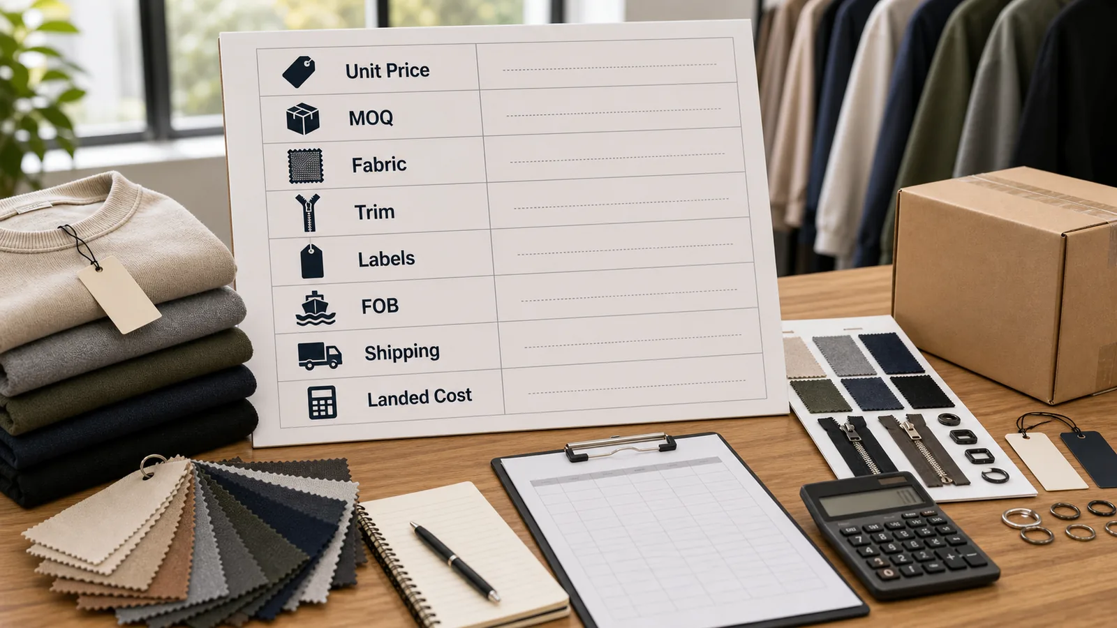 Startup clothing manufacturing quote and landed cost board with MOQ fabric trim labels FOB and shipping