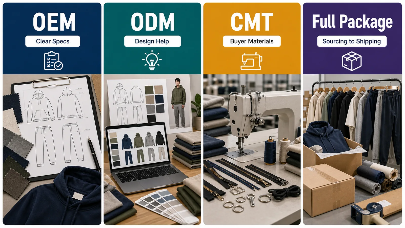 Comparison of OEM ODM CMT and full package clothing manufacturers for startups
