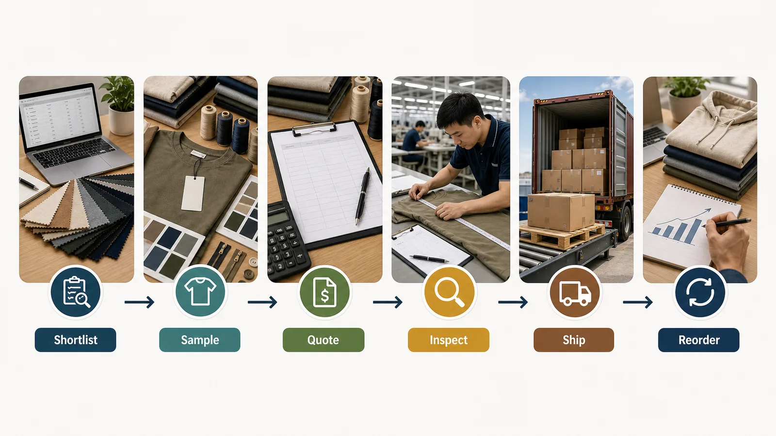 Startup clothing manufacturer growth workflow from shortlist sample quote inspect ship and reorder