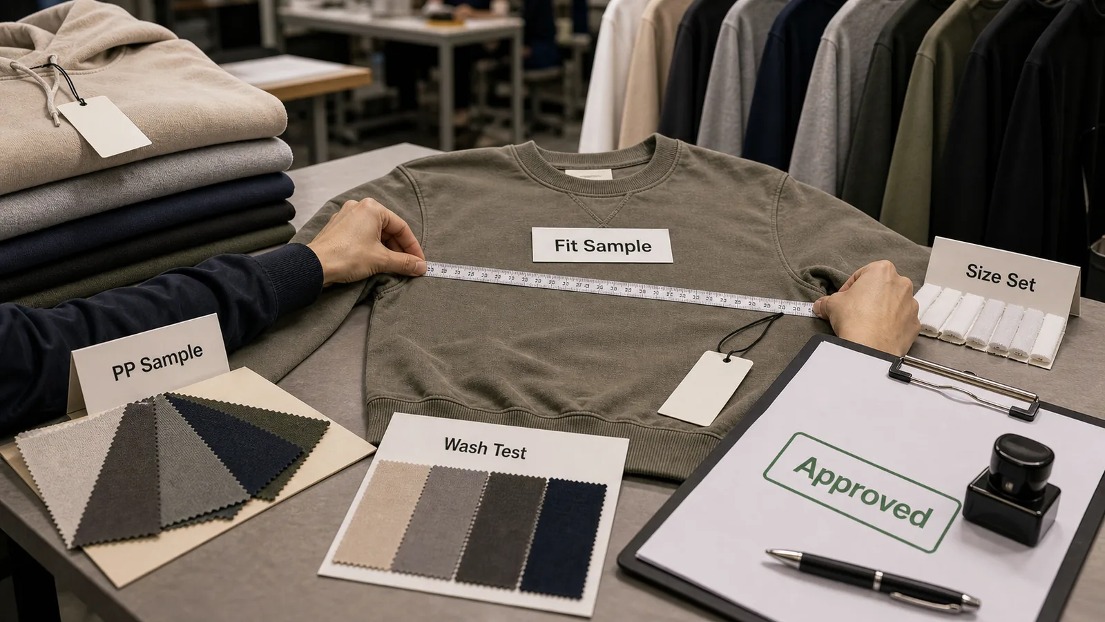Startup clothing sample to bulk approval process with fit sample PP sample size set and inspection