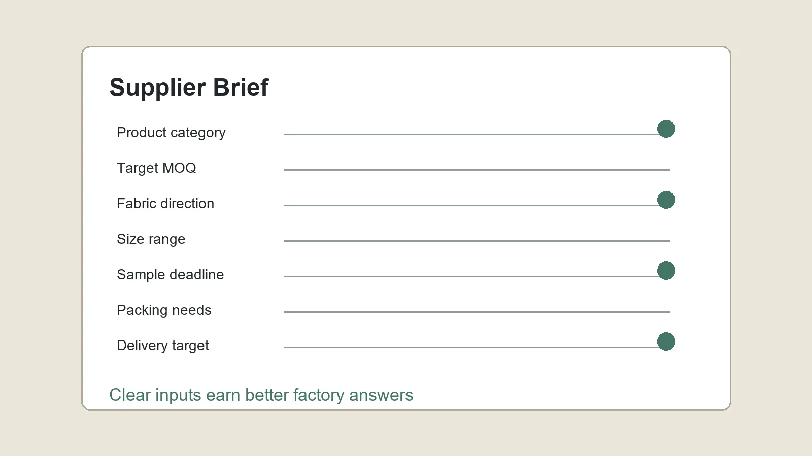 Supplier brief form for private label clothing manufacturing with MOQ fabric and delivery fields