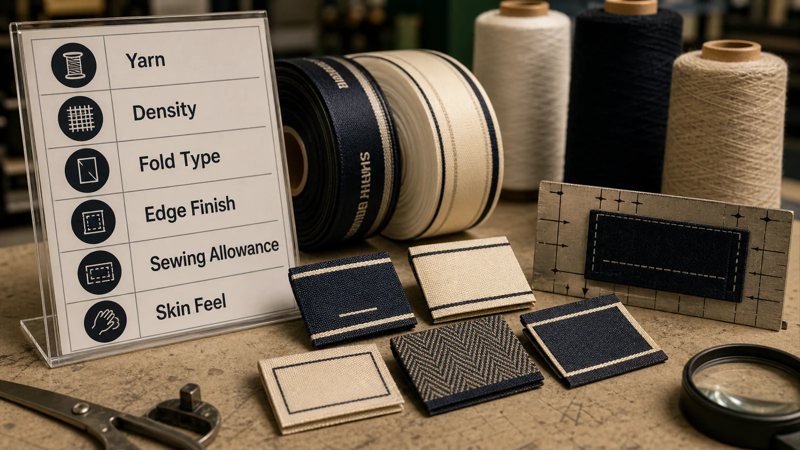 Woven label production control points for yarn fold edge density and sewing allowance