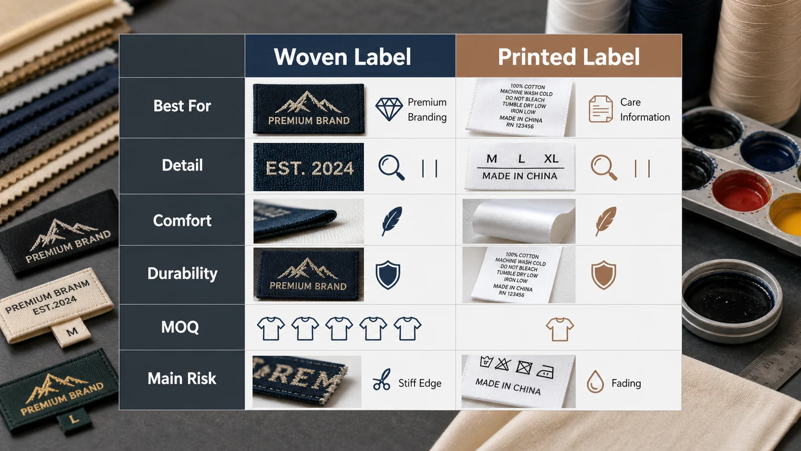 Comparison matrix showing woven label and printed label choices for clothing brands