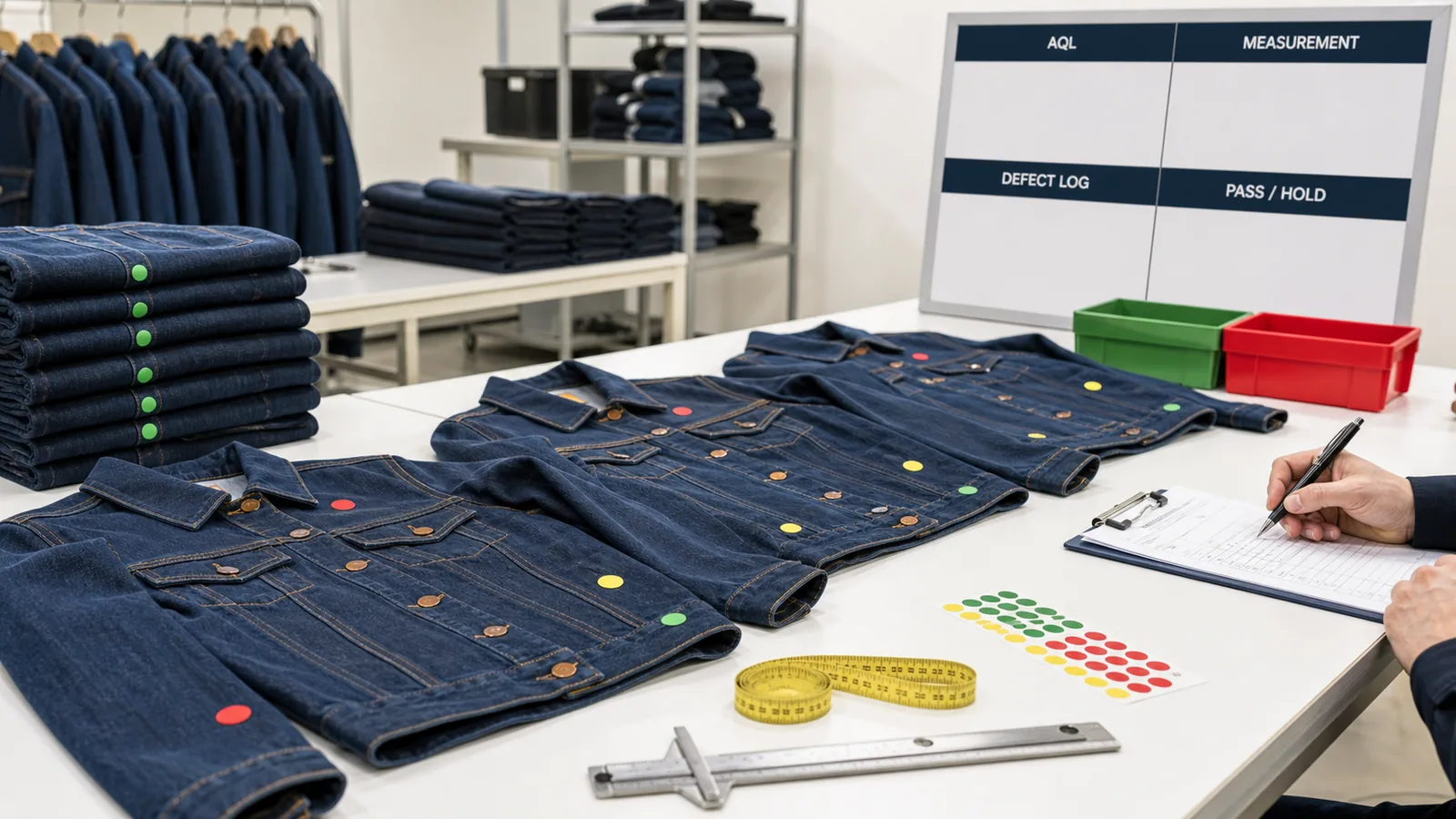 AQL garment inspection with measurement defect log and pass or hold decision