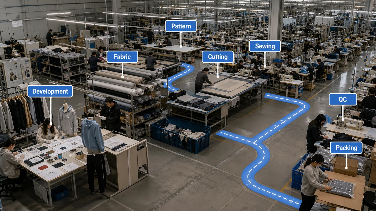 Clothing manufacturing floor map from product development to shipping