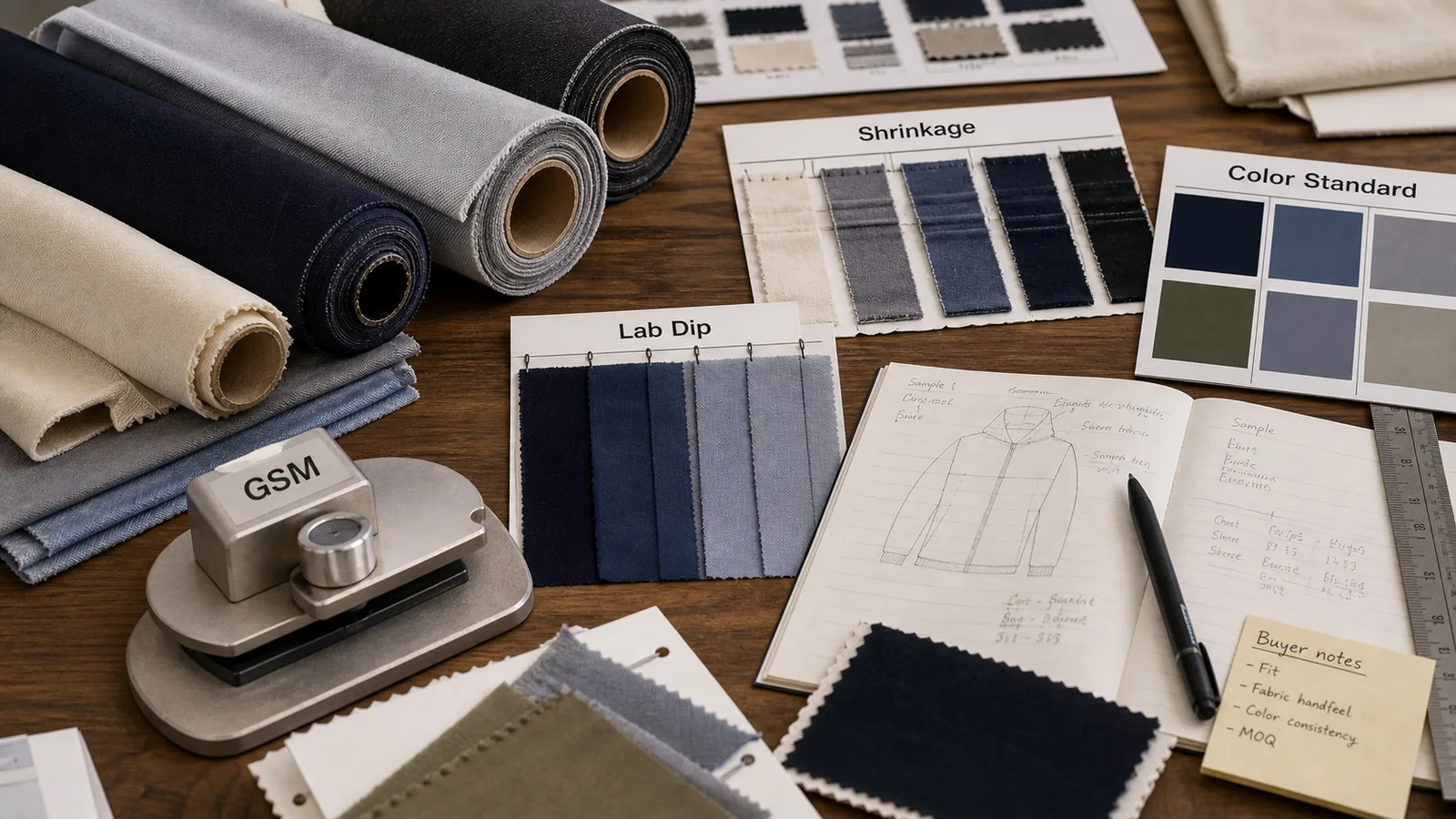 Fabric sourcing review with lab dips GSM shrinkage and color standards