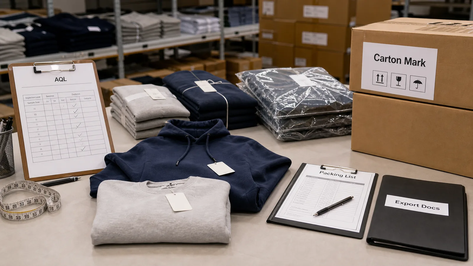 Final garment inspection packing cartons labels and shipping documents