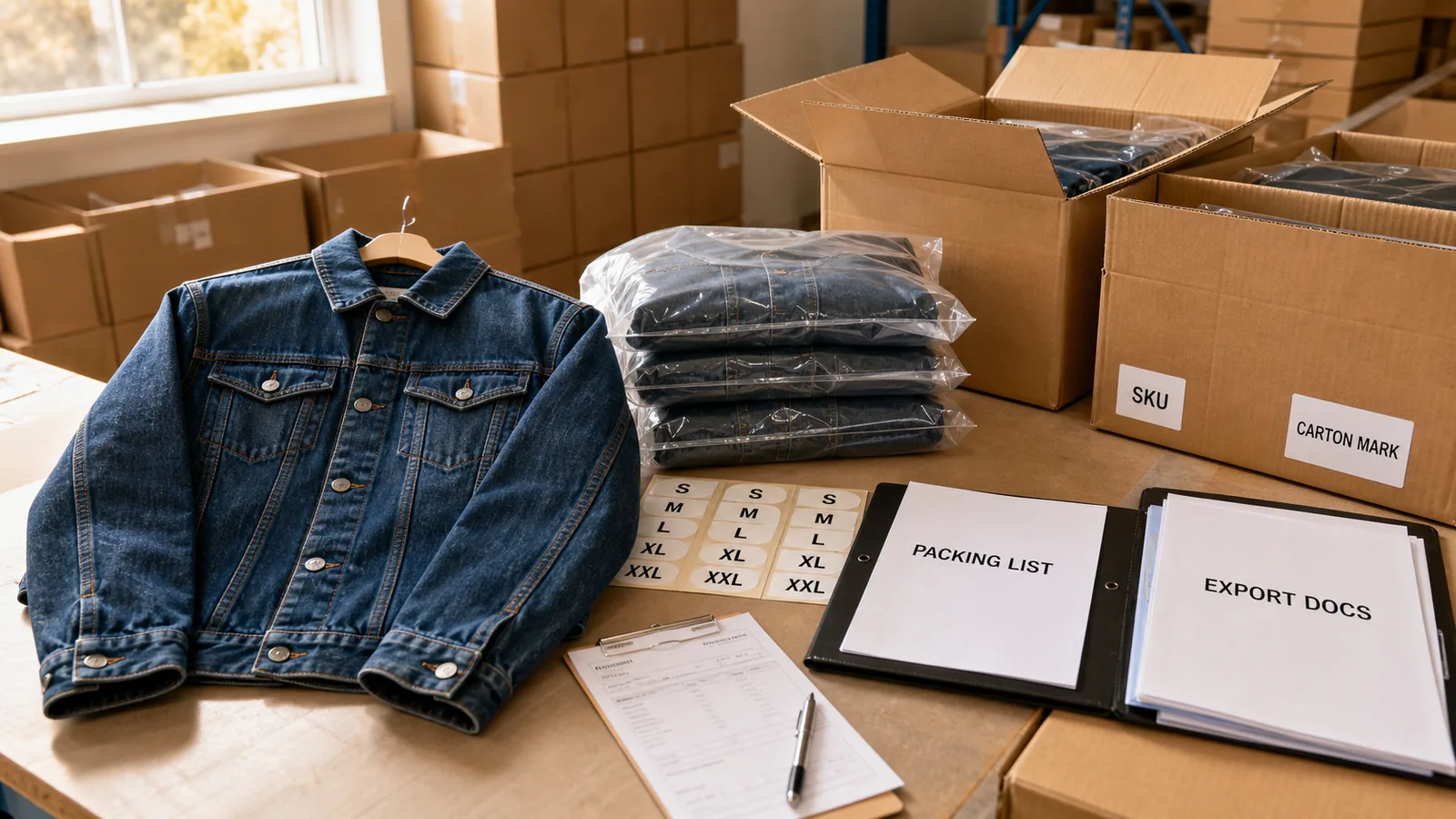 Finished garments with SKU labels packing list carton marks and export documents