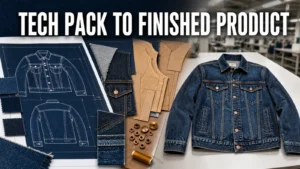 Tech pack transforming into a finished washed denim jacket