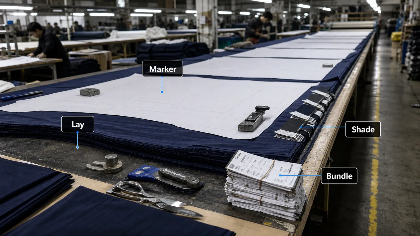 Garment cutting table with marker planning fabric lay and size bundles