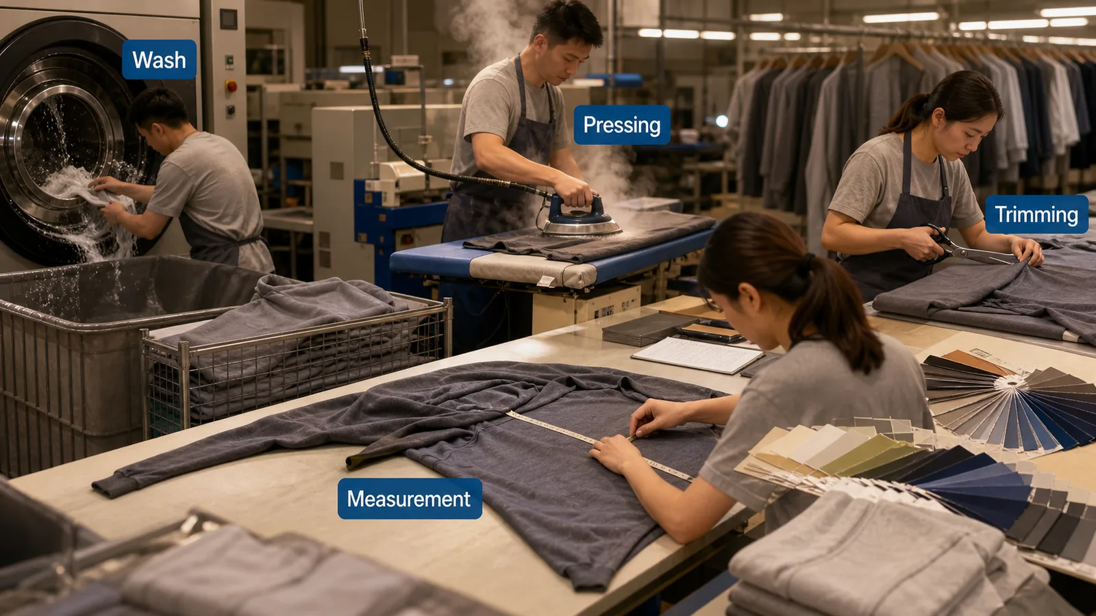 Garment finishing area with wash review pressing trimming and measurement checks