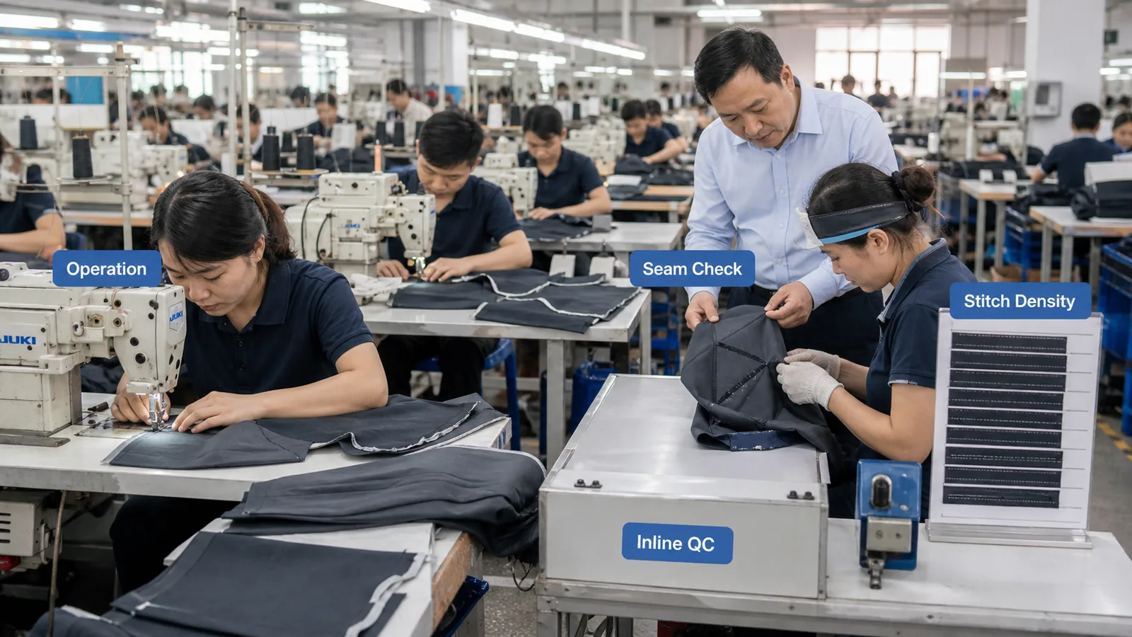 Sewing line with inline quality control for garment manufacturing