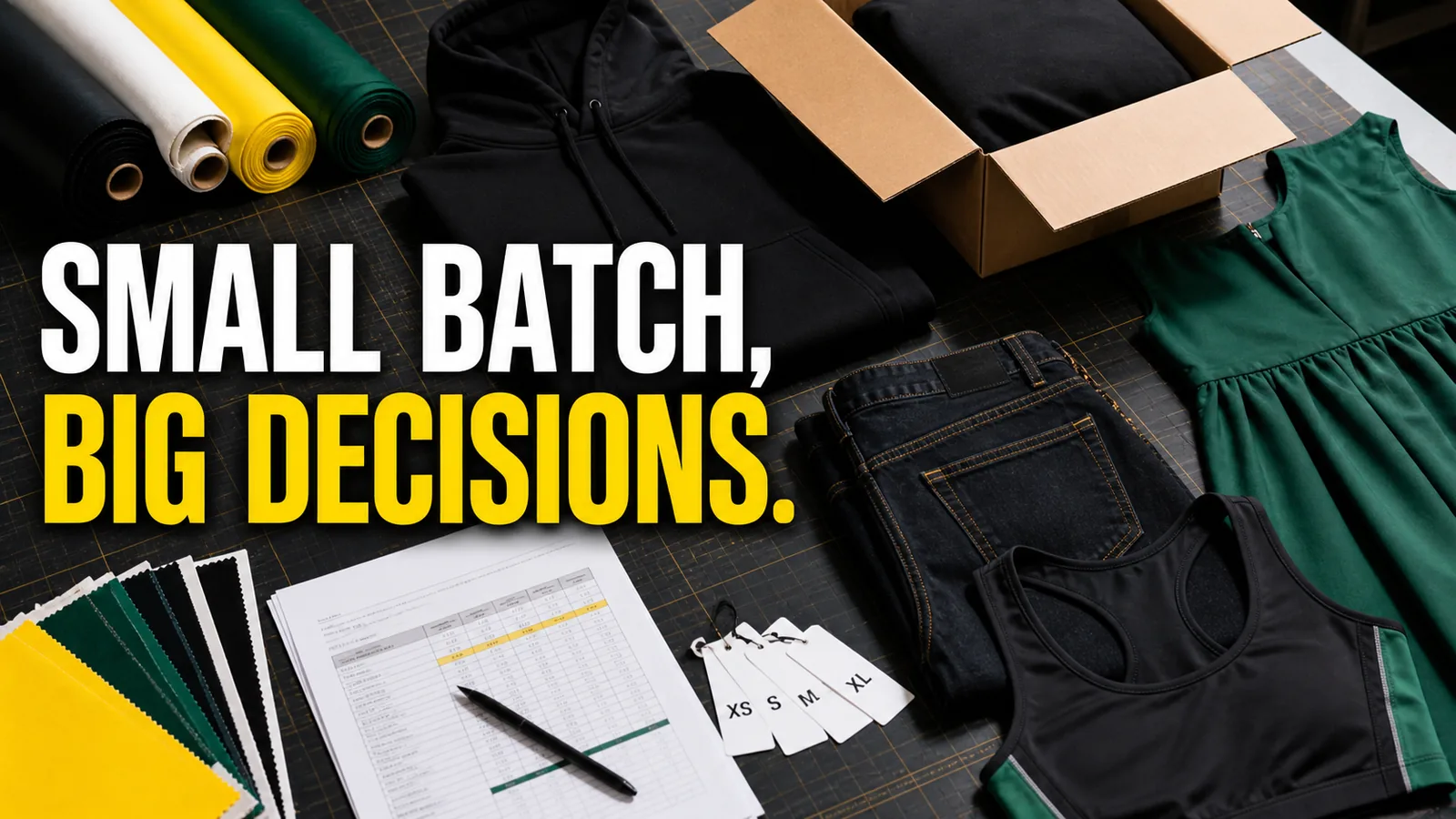 Small batch clothing manufacturing cover with capsule garments and production planning materials
