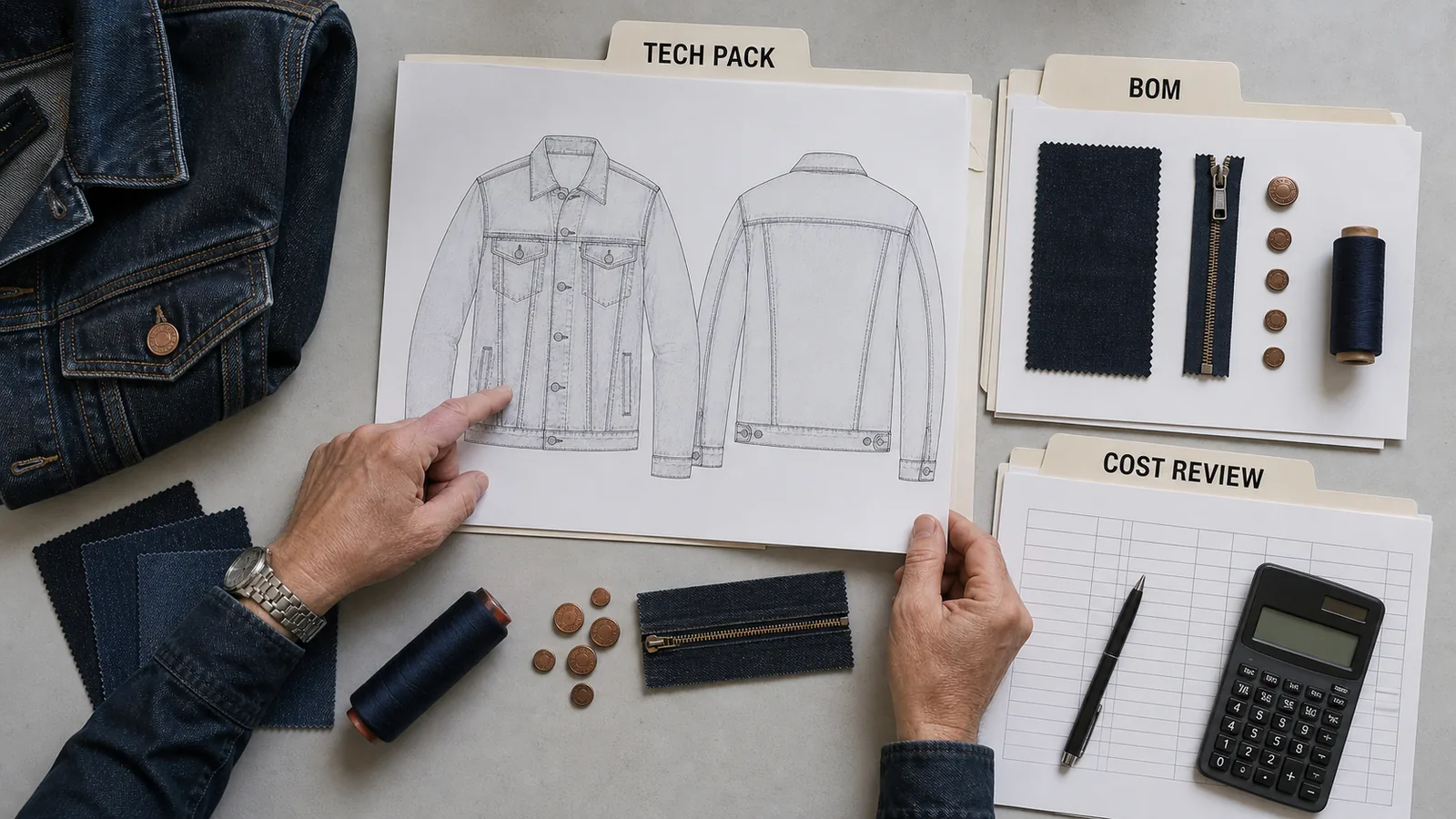 Cut and sew manufacturer reviewing tech pack BOM fabric and production cost
