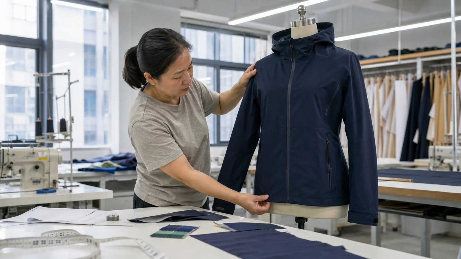 Chinese apparel sample technician checking a navy jacket in a modern garment sample room