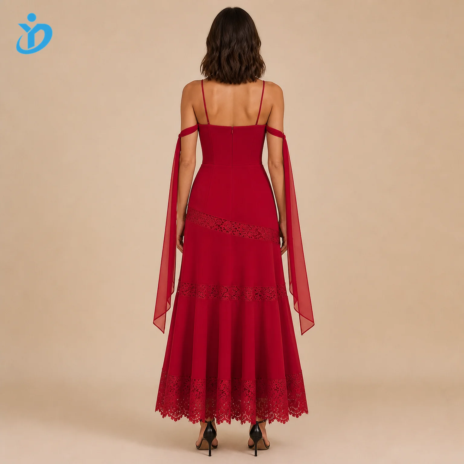 custom womens crimson lace panel maxi dress back logo