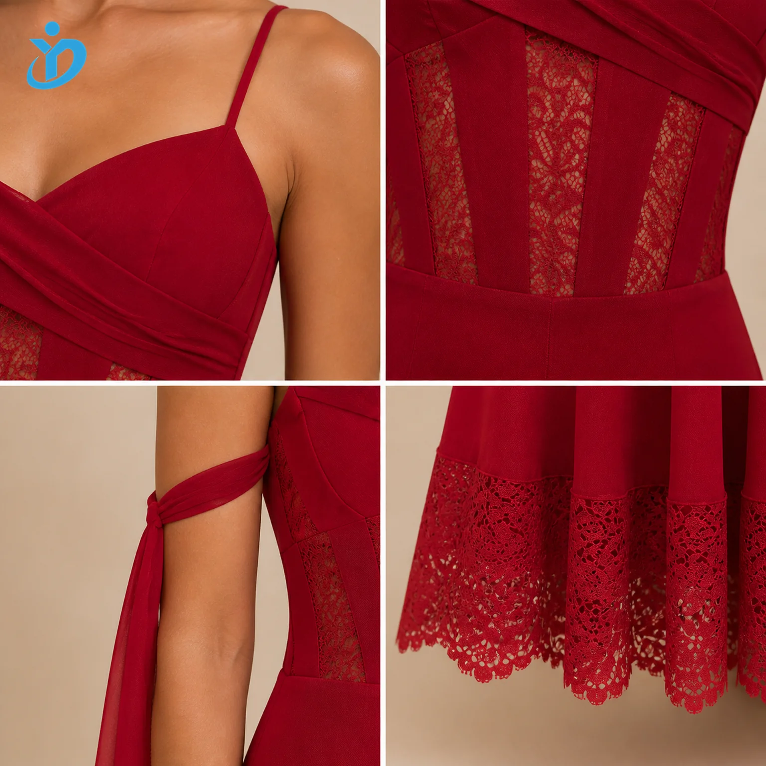 custom womens crimson lace panel maxi dress detail grid logo