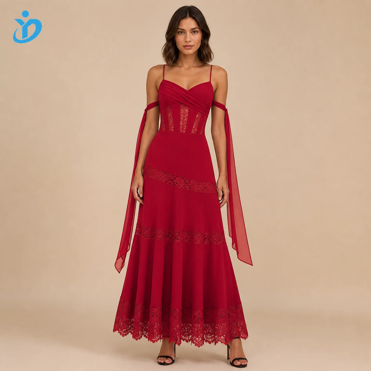 custom womens crimson lace panel maxi dress front logo