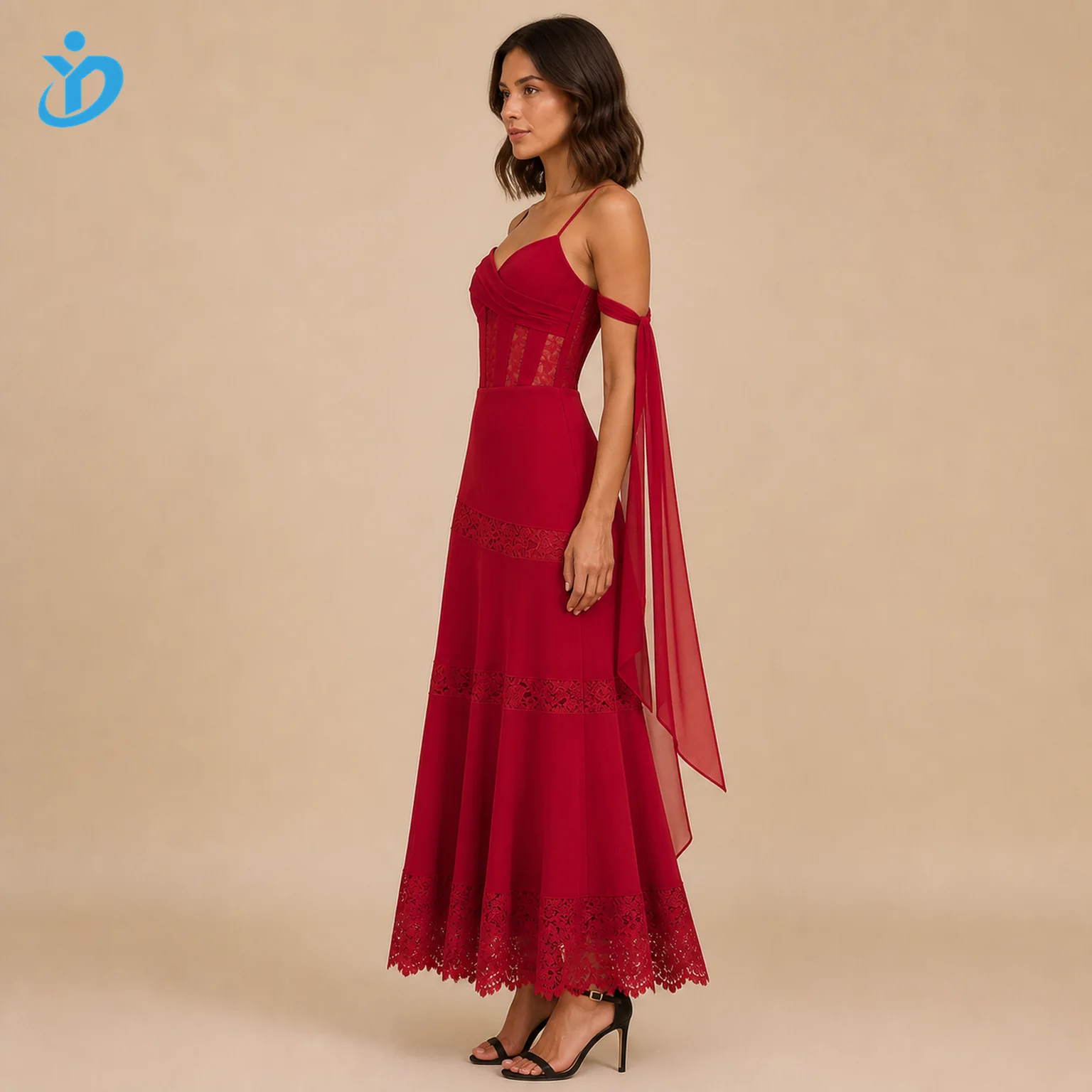 custom womens crimson lace panel maxi dress side logo