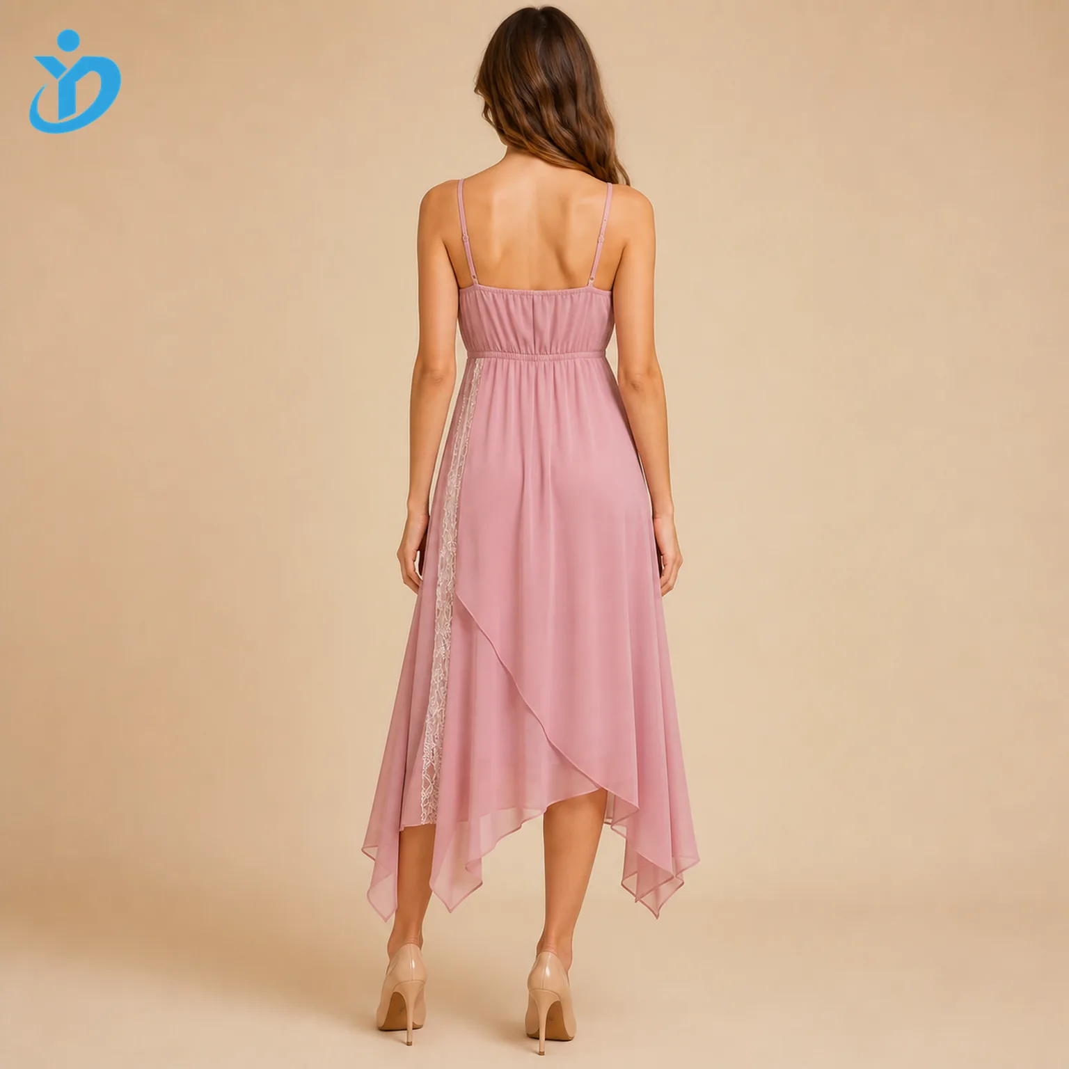 Custom women's dusty rose asymmetrical lace midi dress back view from a China OEM ODM clothing manufacturer