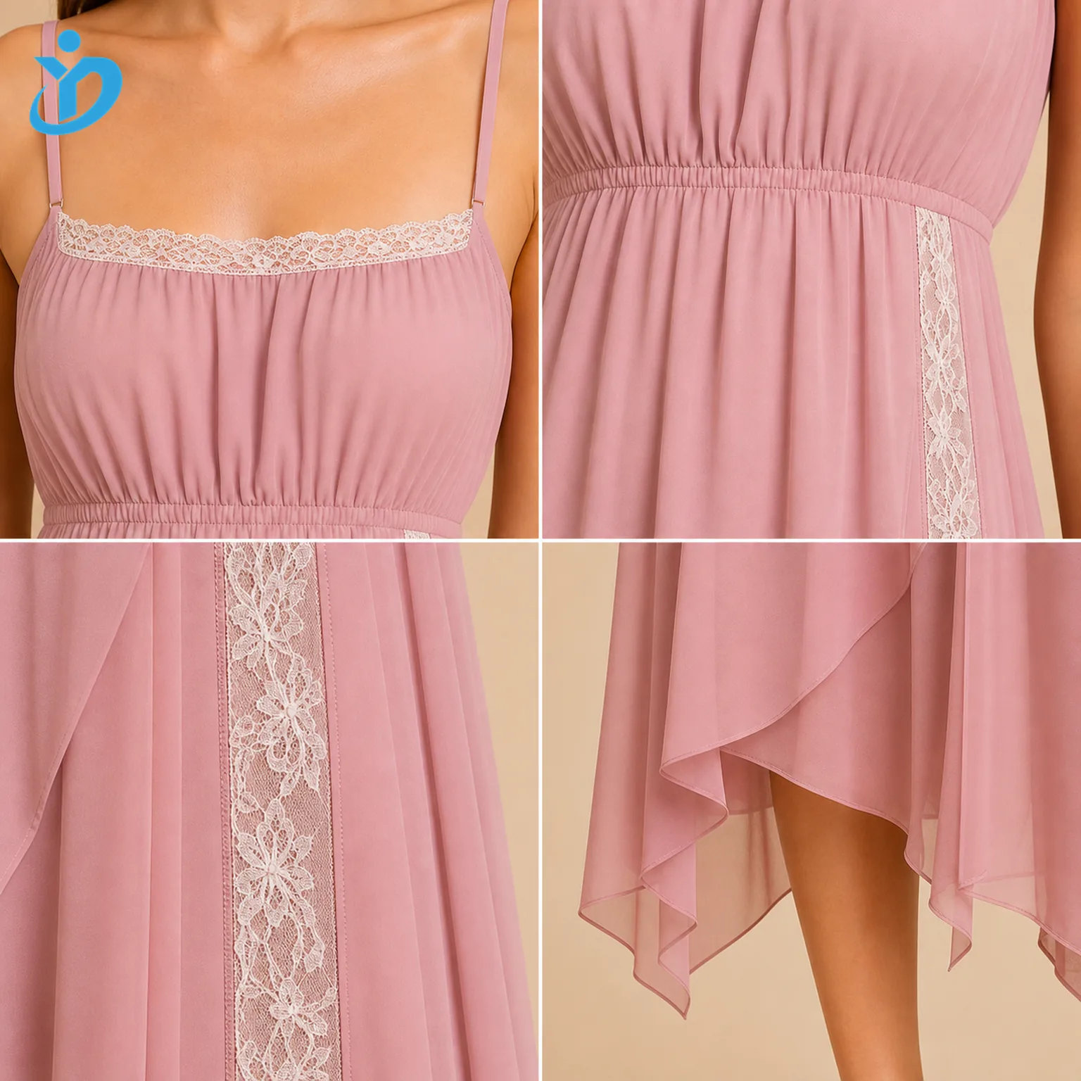 Custom women's dusty rose asymmetrical lace midi dress fabric and construction detail grid
