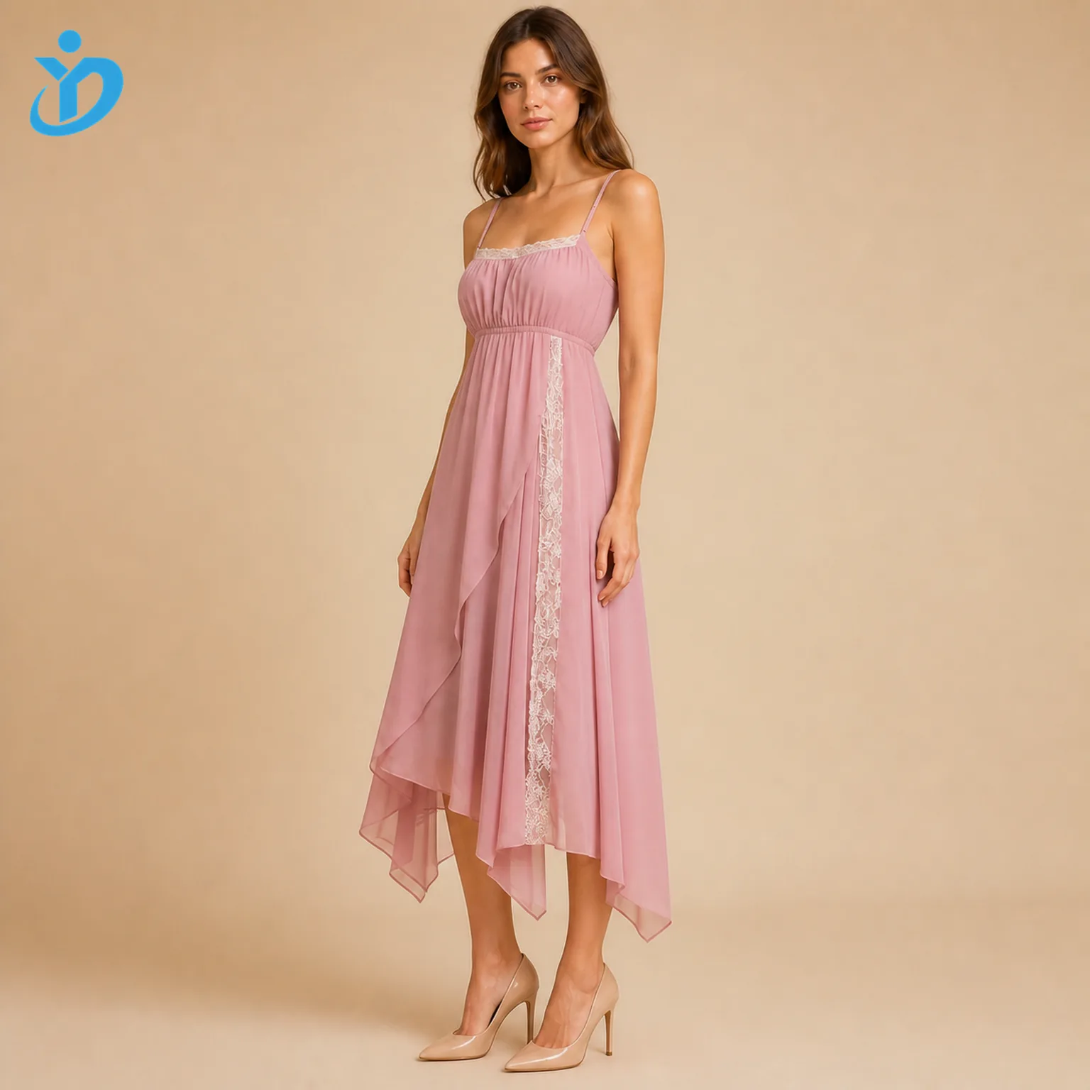 Custom women's dusty rose asymmetrical lace midi dress side view for private label manufacturing