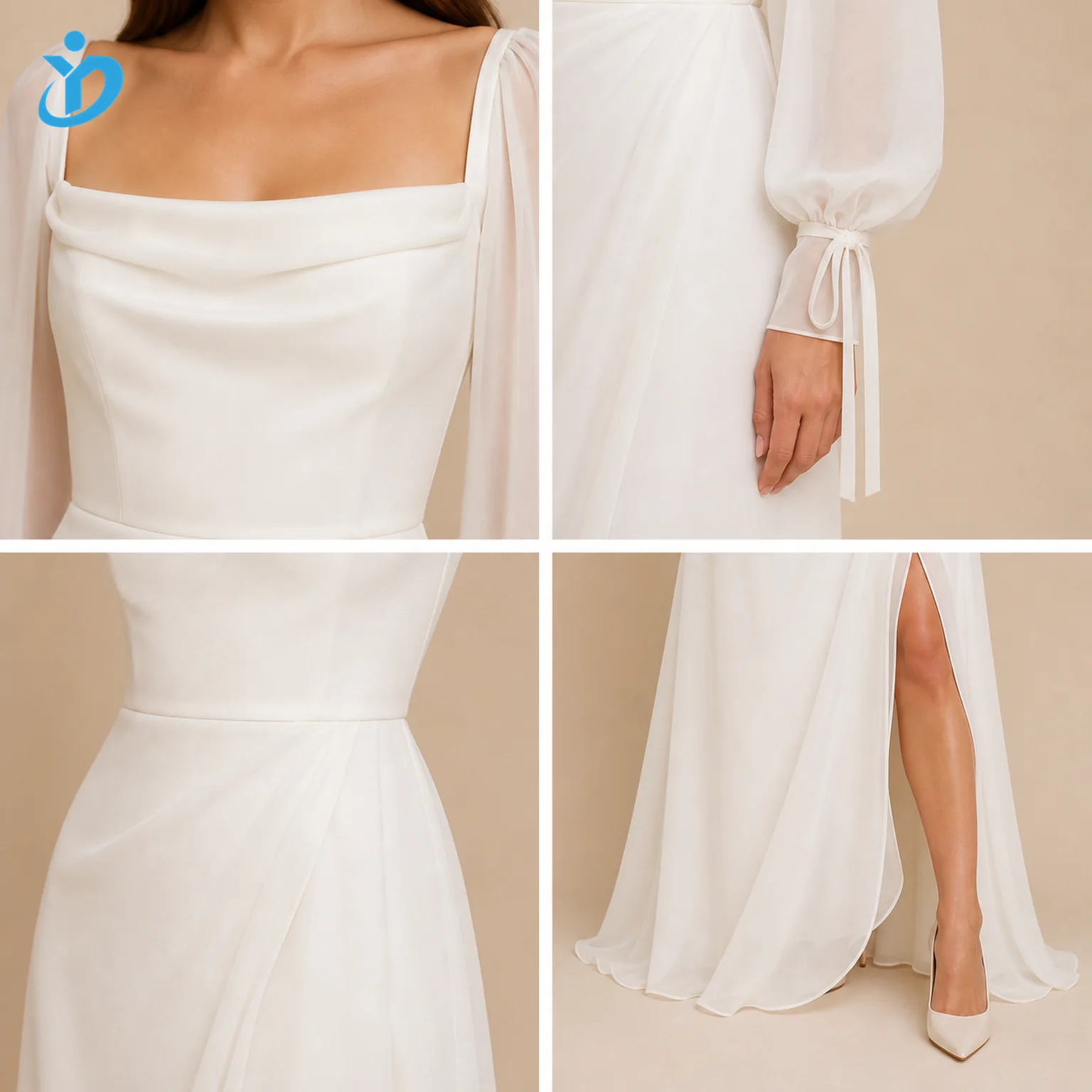 custom womens ivory drape sleeve chiffon maxi dress detail grid logo