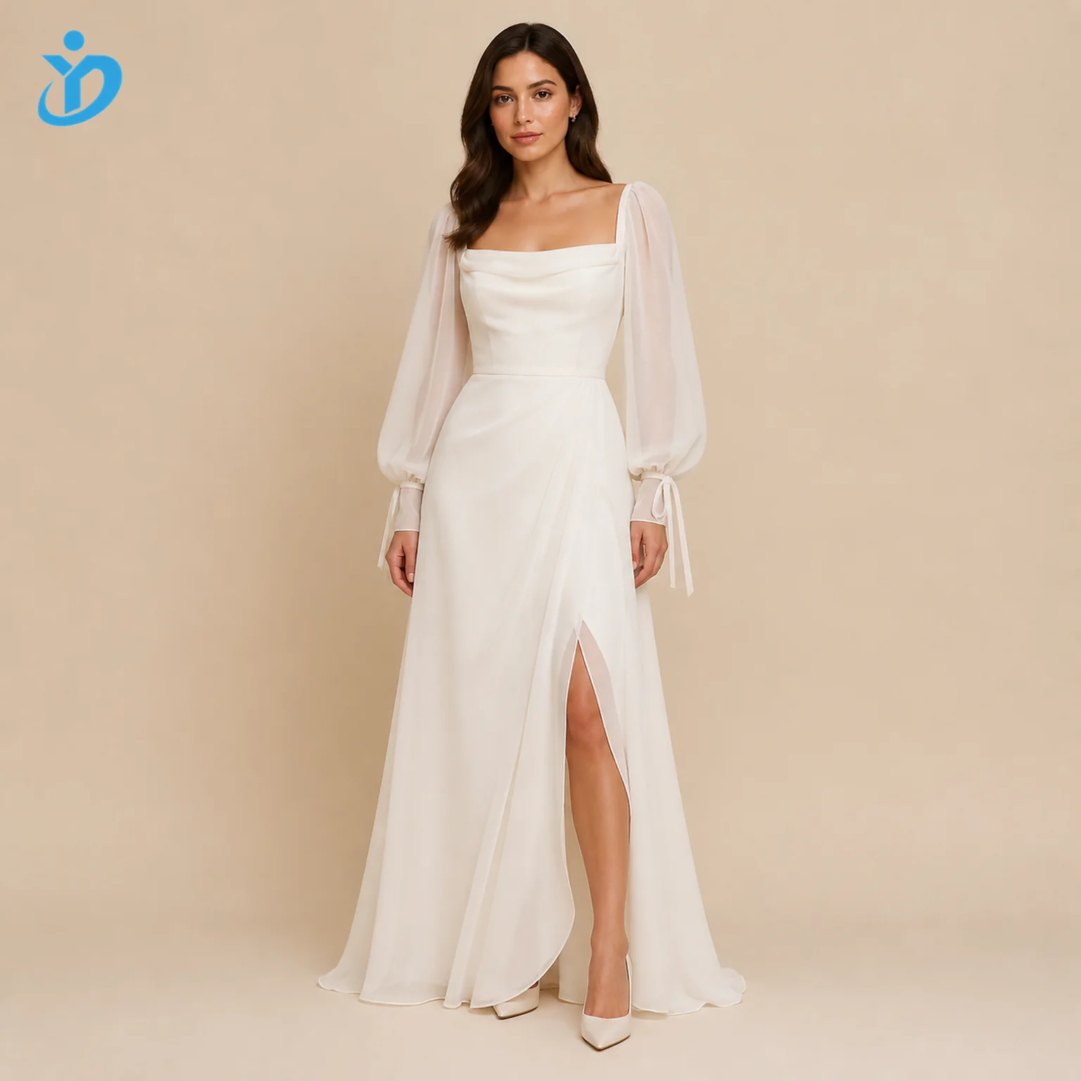 custom womens ivory drape sleeve chiffon maxi dress front logo