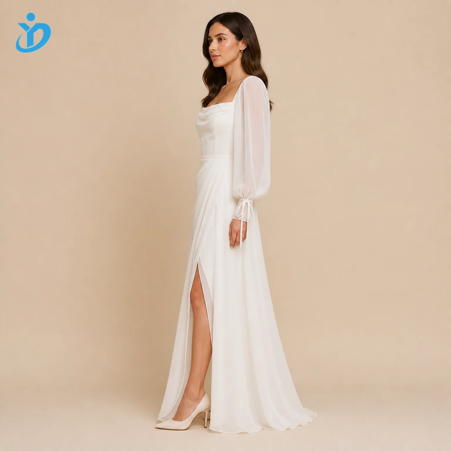 custom womens ivory drape sleeve chiffon maxi dress side logo