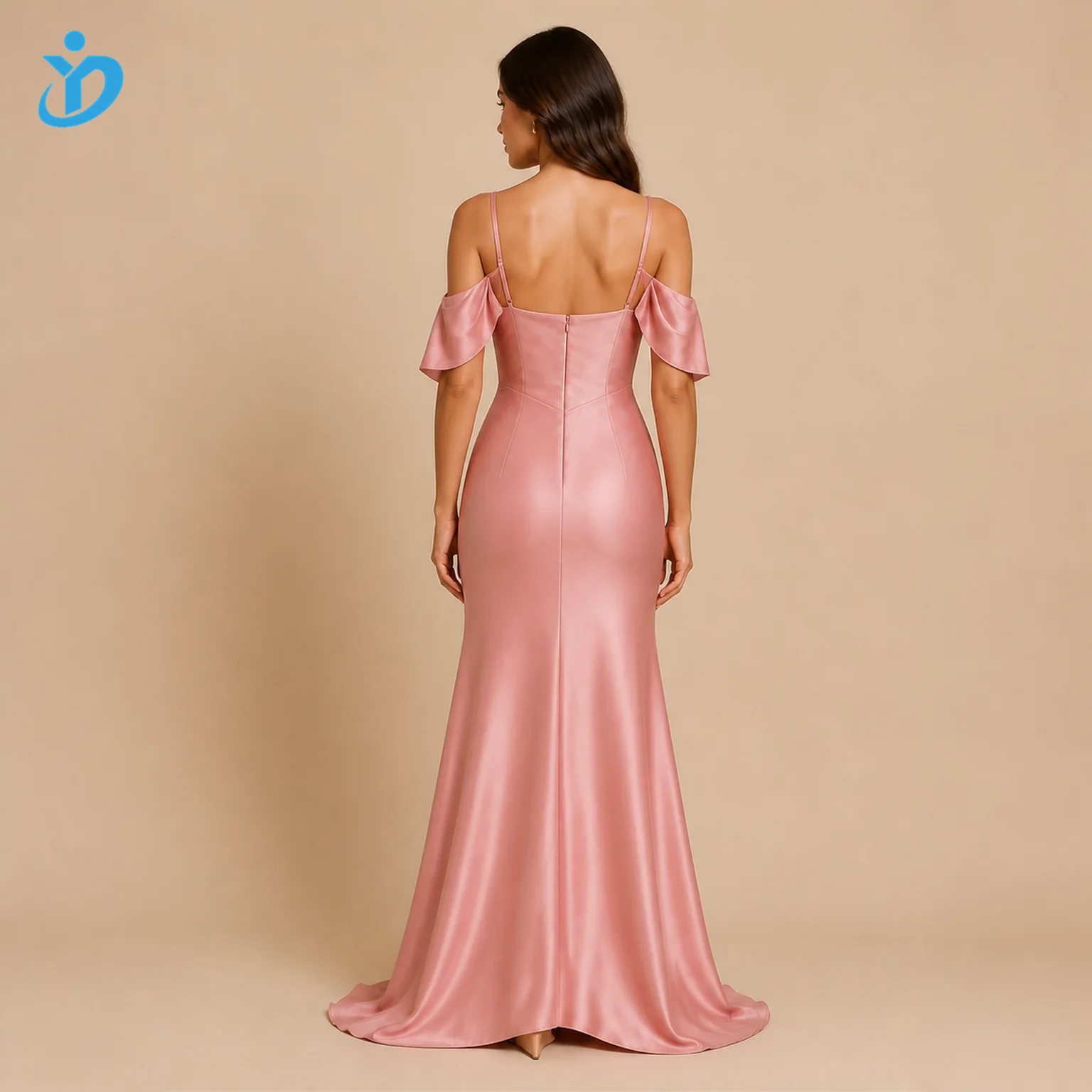 custom womens rose off shoulder draped satin maxi dress back logo