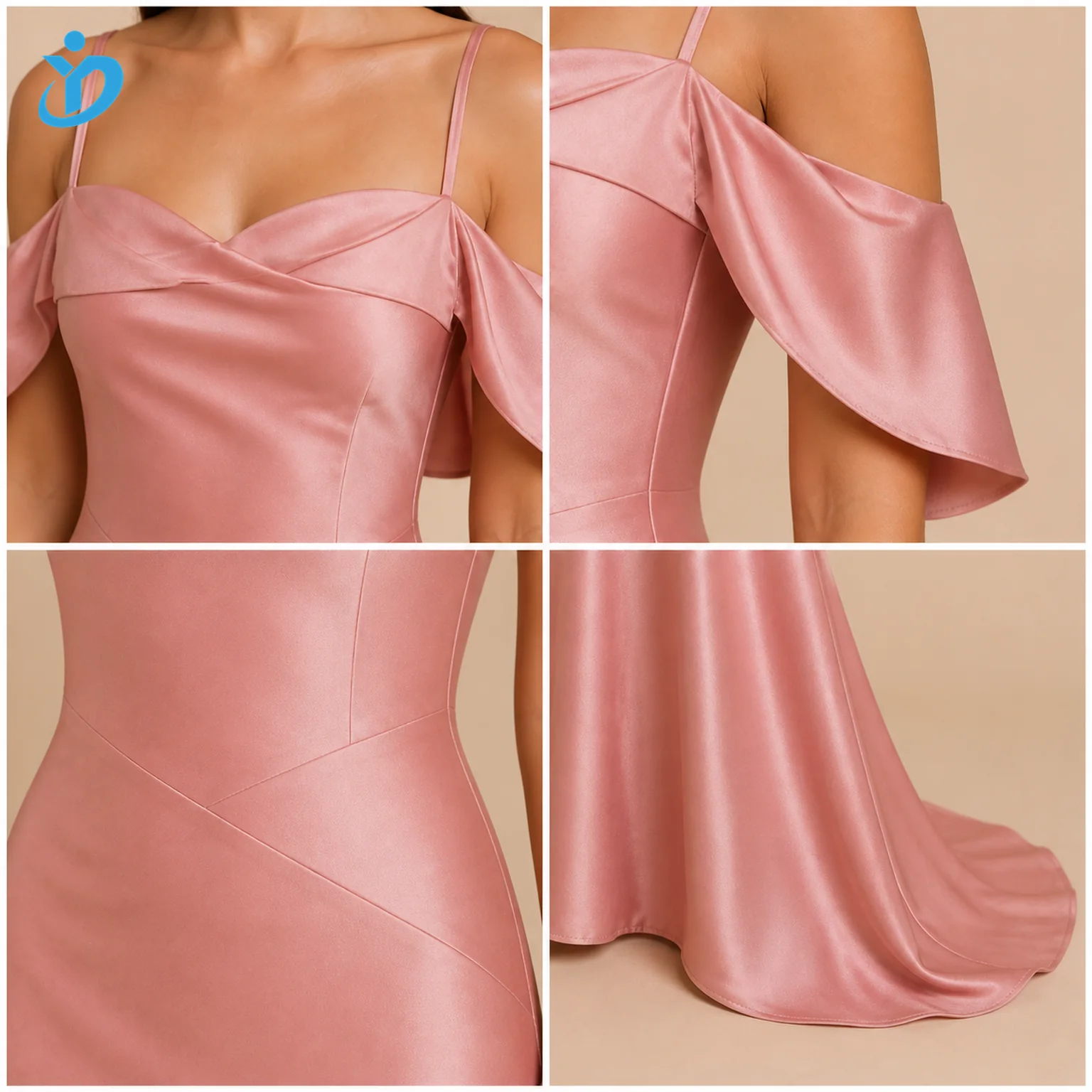custom womens rose off shoulder draped satin maxi dress detail grid logo