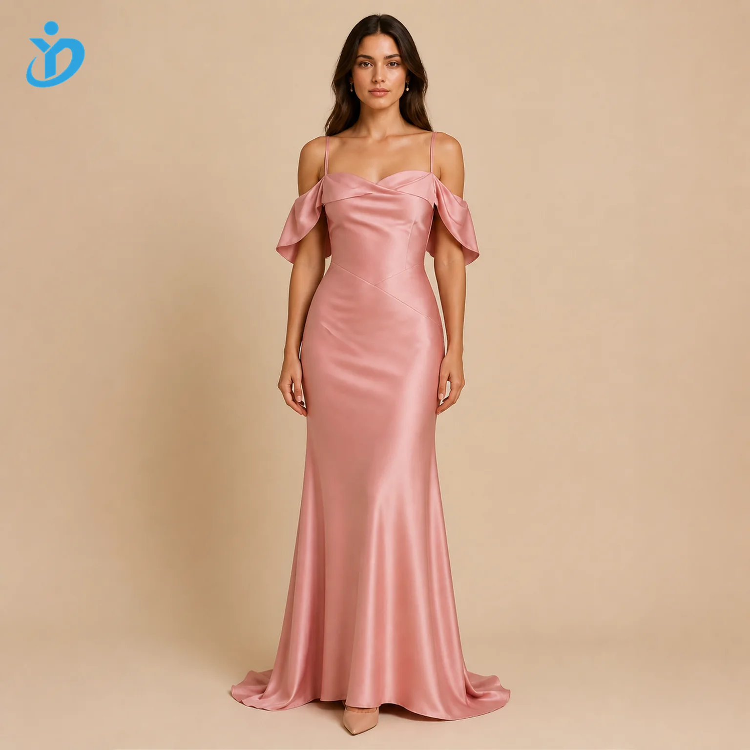 custom womens rose off shoulder draped satin maxi dress front logo
