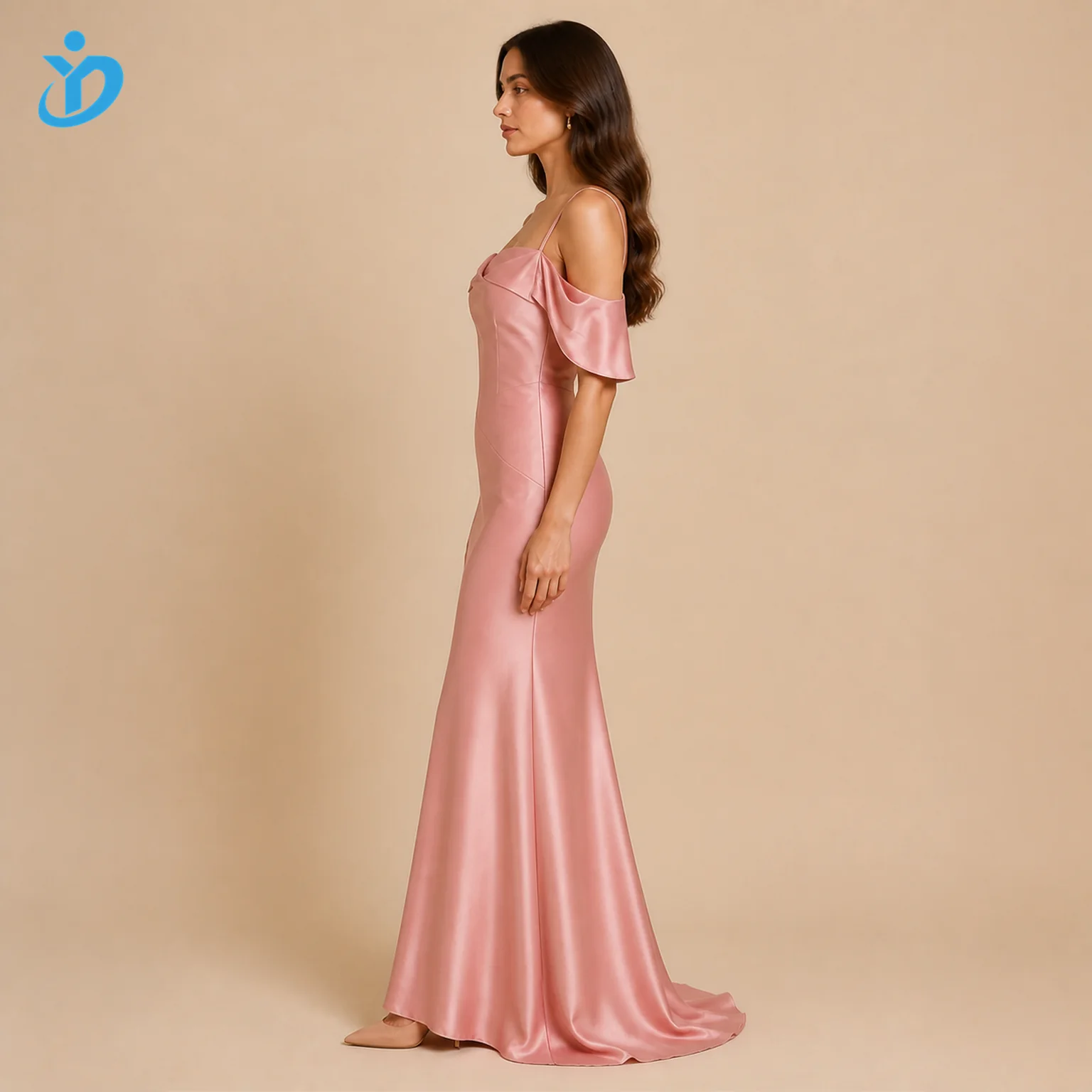 custom womens rose off shoulder draped satin maxi dress side logo