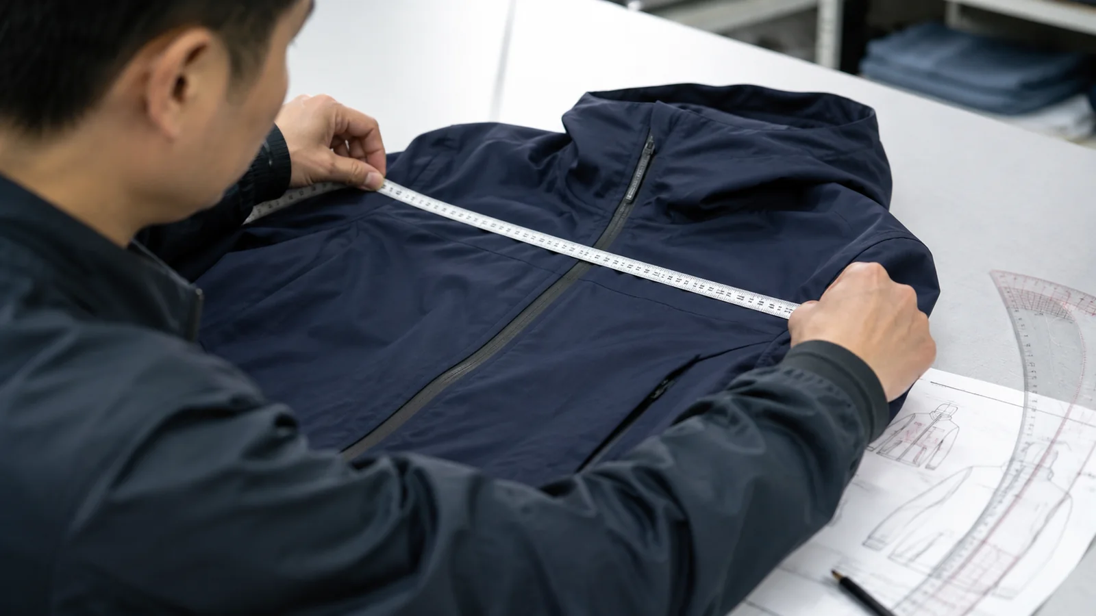 Chinese apparel technician measuring a fit sample against a clothing tech pack