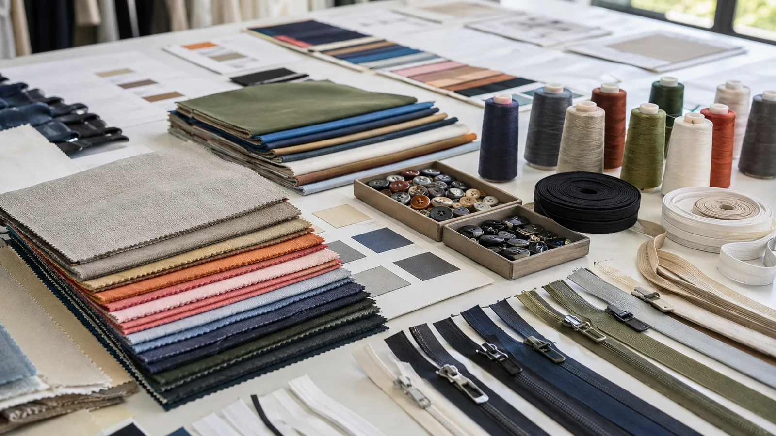 Modern garment material approval workstation with fabric swatches trims lab dips and artwork reference
