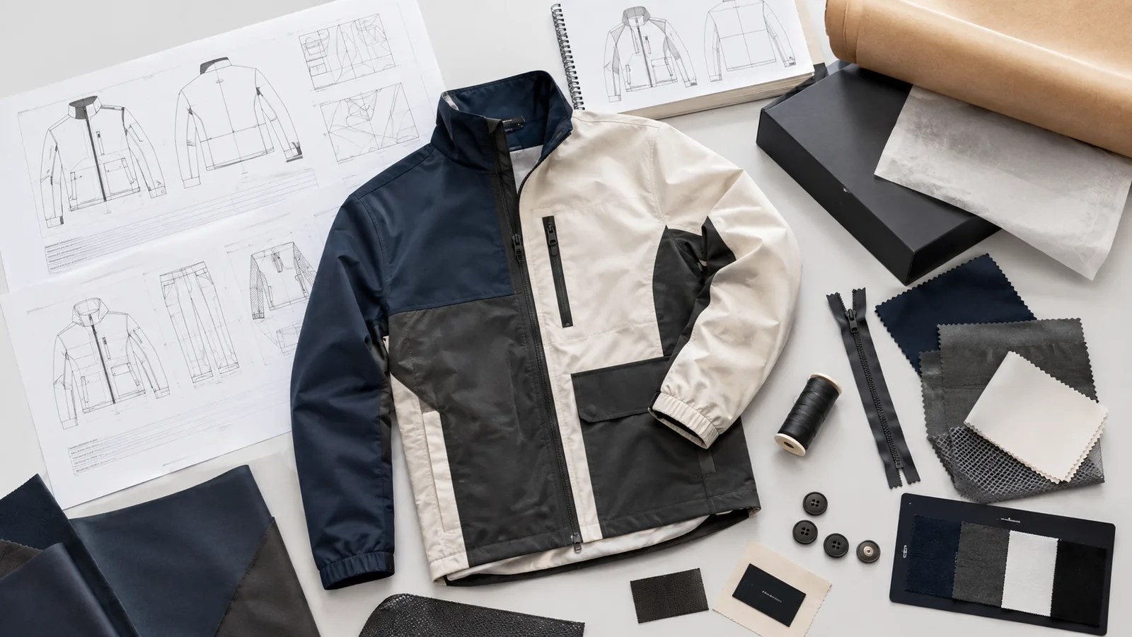 Private label clothing development table with tech pack fabric swatches trims and garment sample