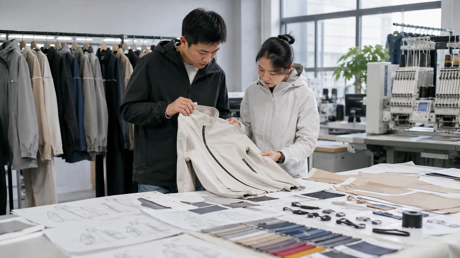 Chinese clothing technicians reviewing a private label sample and production specifications