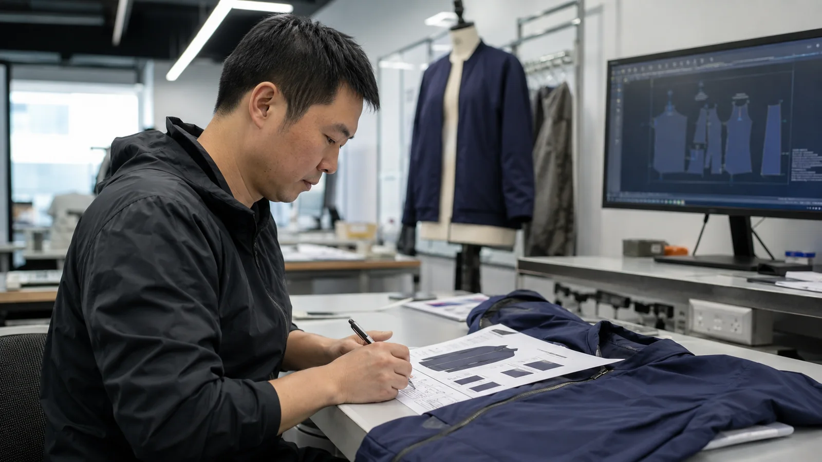 Chinese pattern maker marking corrections on a quote-ready clothing tech pack beside a garment sample