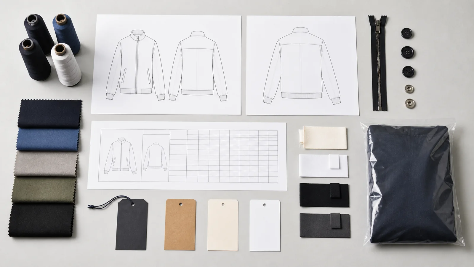 Clothing tech pack components with technical flats fabric swatches trims and measurement sheet