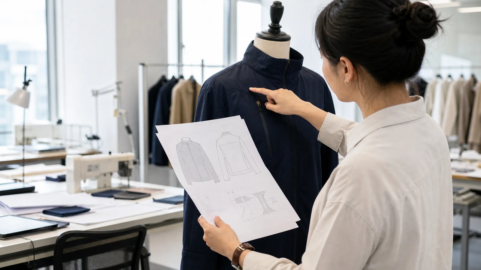 Chinese garment technician reviewing a clothing tech pack beside a jacket sample
