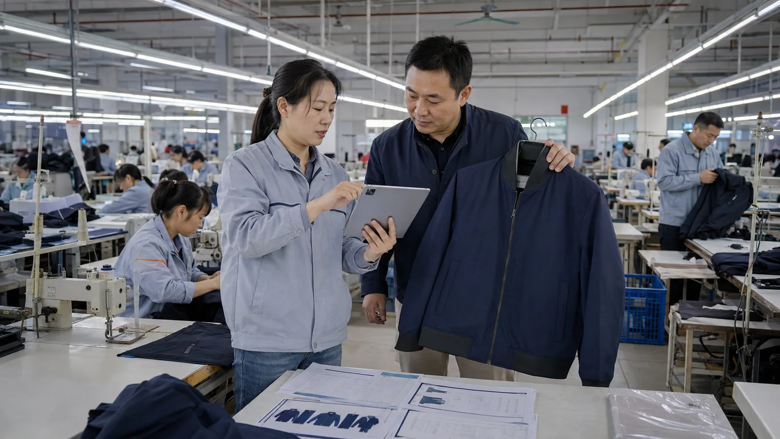 Chinese technical designer and production supervisor reviewing an approved garment tech pack on a modern sewing line